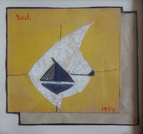 Seif Wanly, Boat, color pencil on paper, signed, dated 1954, 11 x 13 cm
