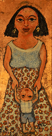 Mother and Child, 2011, oil, beewax, gold leaf on treated wood, 80 x 30 cm