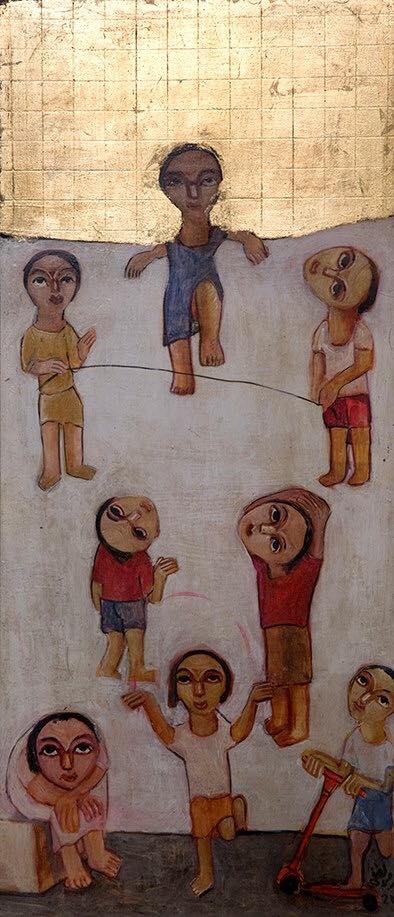 Jumping Rope, 2015  Tempera, natural oxides, gold leaf on treated wood   93 x 40 cm