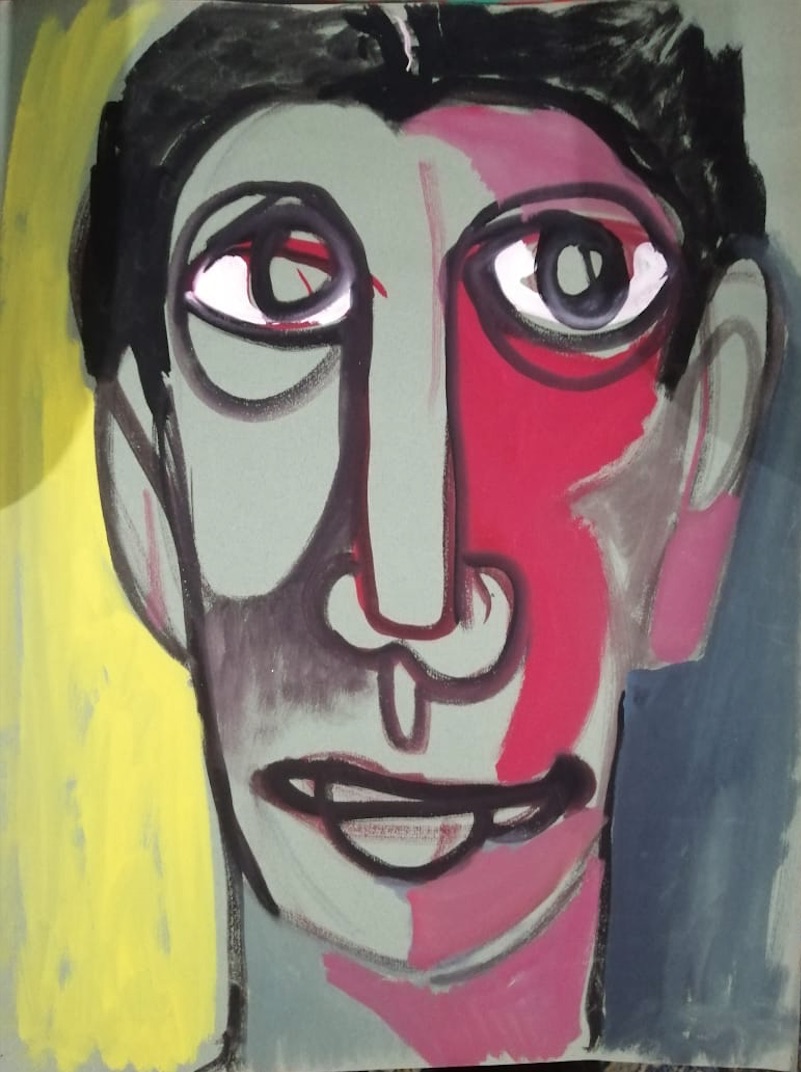 Samir Rafi, Self-portrait, Mixed media on cardboard, 64x50cm [SR-128]