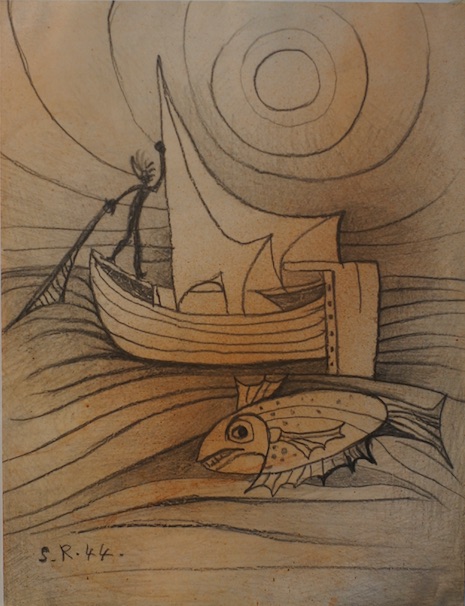 Samir Rafi, Untitled [Man Boat and Fish], 1944. Pencil on paper, 24x18cm [SR-129]
