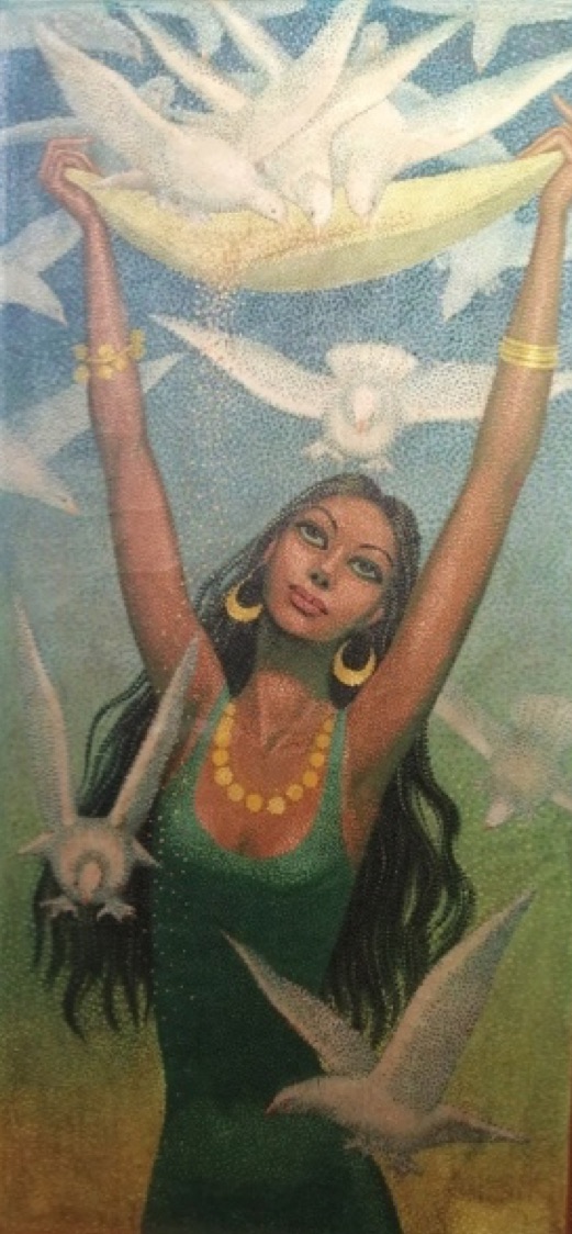 Munir Fahim (1935-1982). Girl with Birds. Oil on canvas  145 x 70 cm Signed