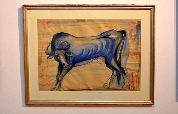 RAGHEB AYAD (1882-1982) (Blue Bull), 1953, watercolor on paper, 50 x 70 cm Signed R. Ayad and dated lower left