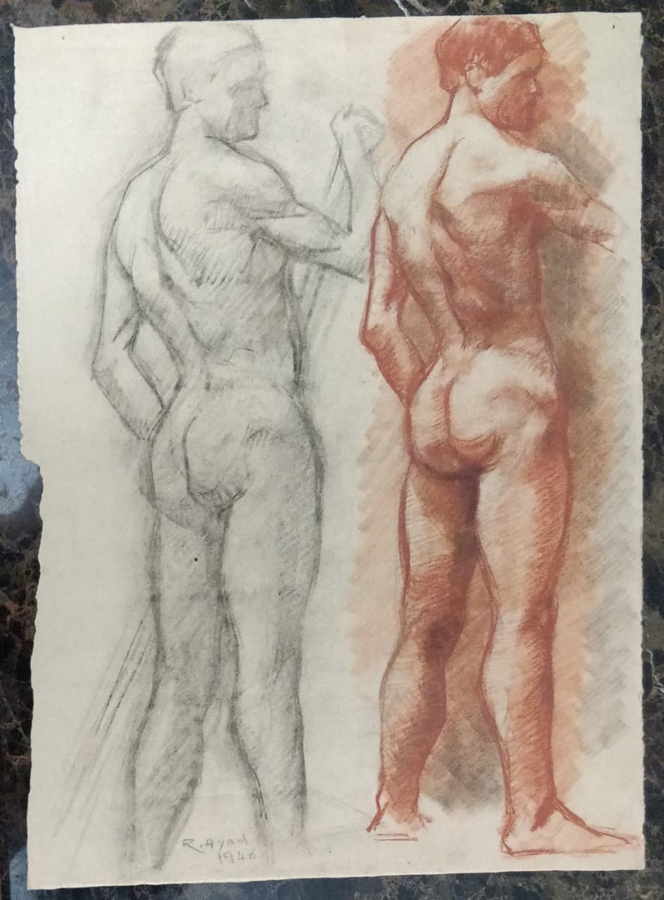 RAGHEB AYAD (1882-1982) (Nu, homme), 1946  Pencil and watercolor on paper 52 x 37 cm Signed R. Ayad and dated lower left