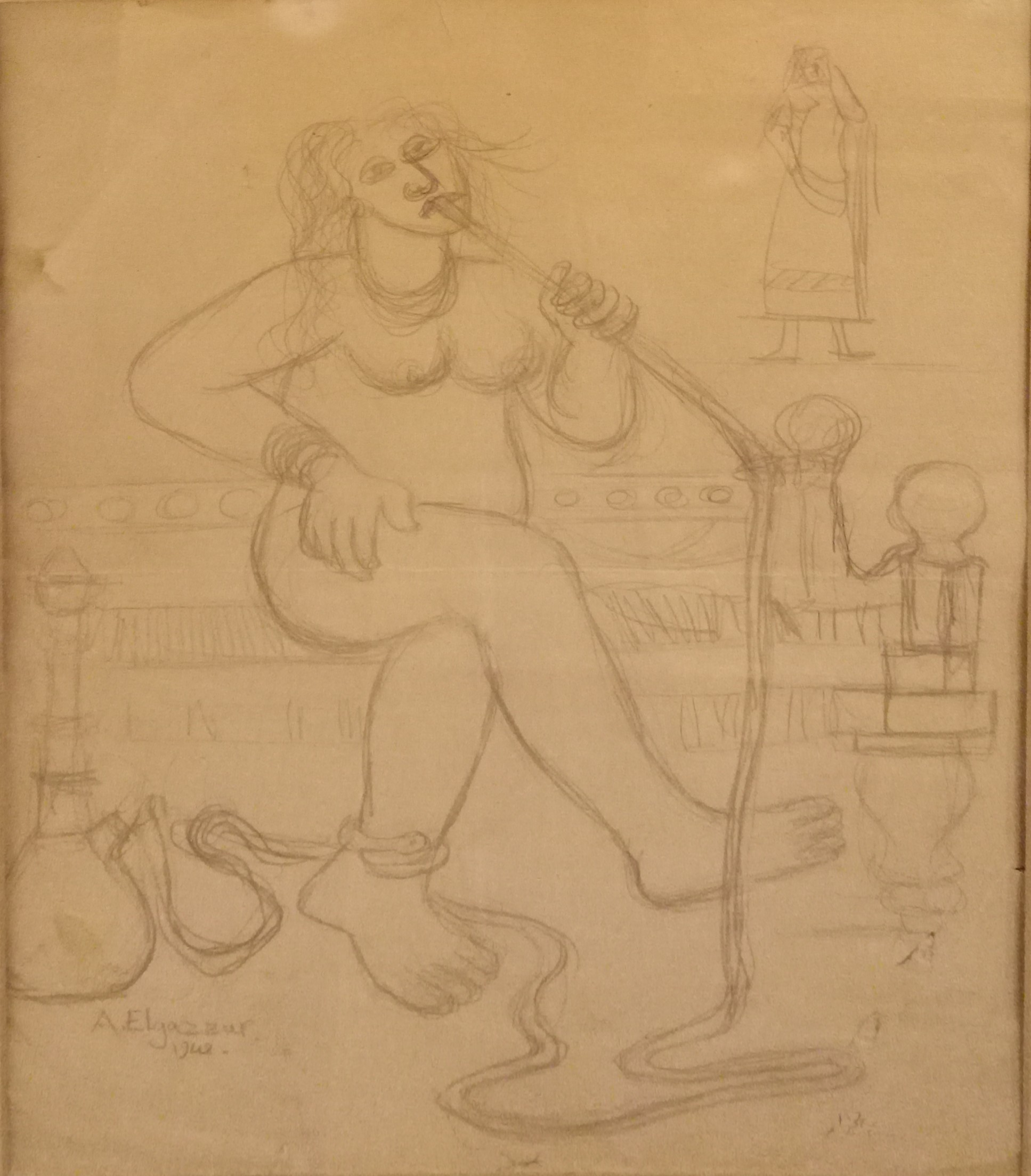 Abdel Hadi al-Gazzar, Femme à la Chicha, 1948. Pencil on paper, 35x28cm, signed and dated.