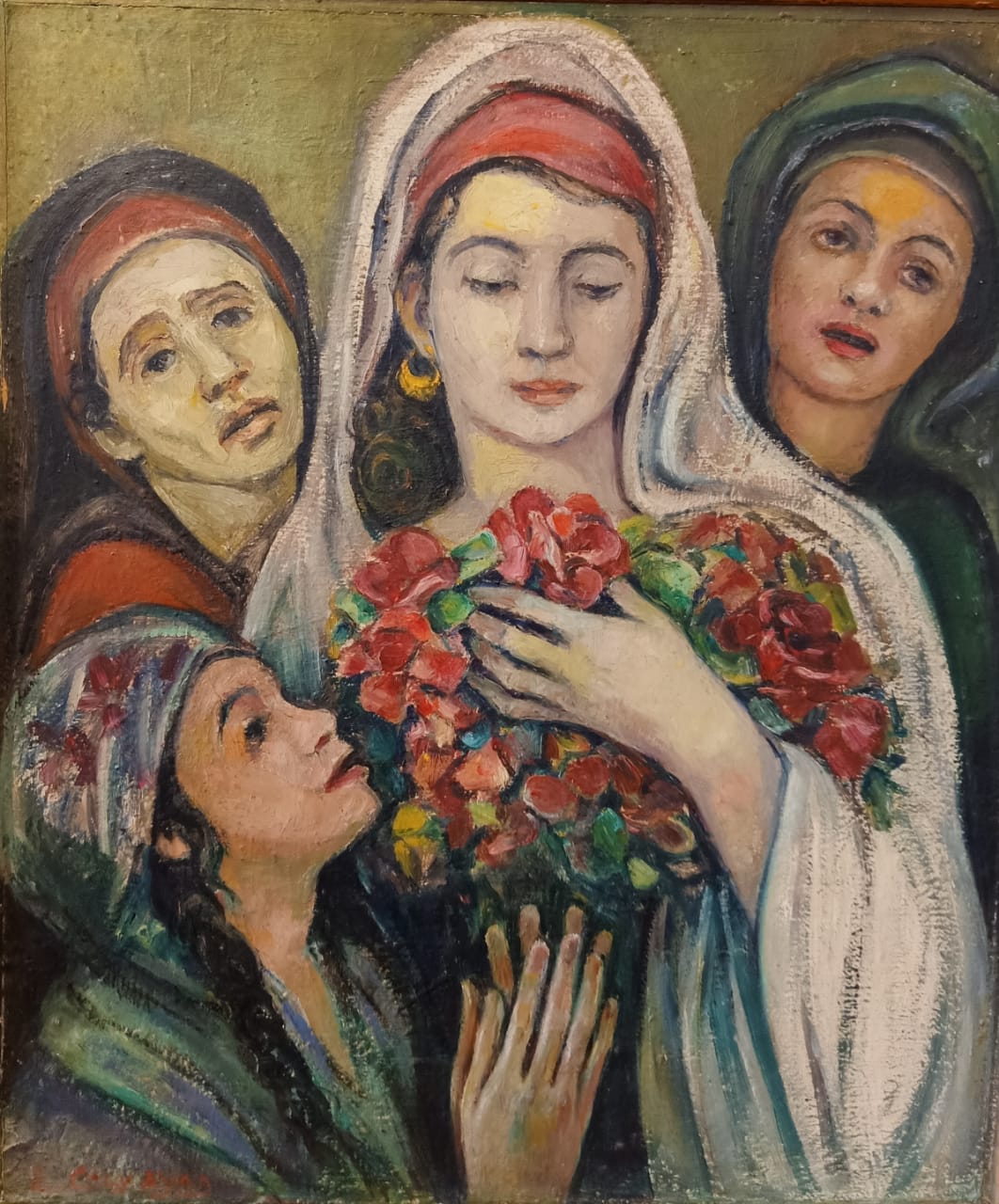 Emma Caly-Ayad, Trois Femmes avec  la Vierge Marie Oil on wood 60 x 50 cm Signed bottom left.