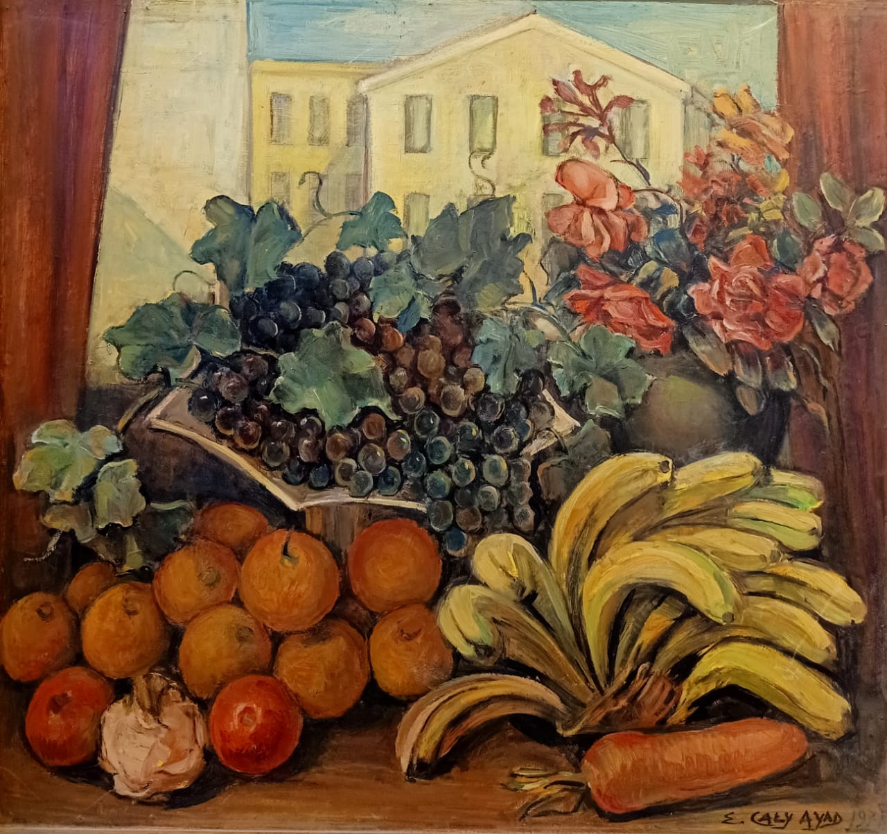 Emma Caly-Ayad, Des Fruits sur la Fenetre. 1971 Oil on wood 72  x 76 cm Signed bottom right.