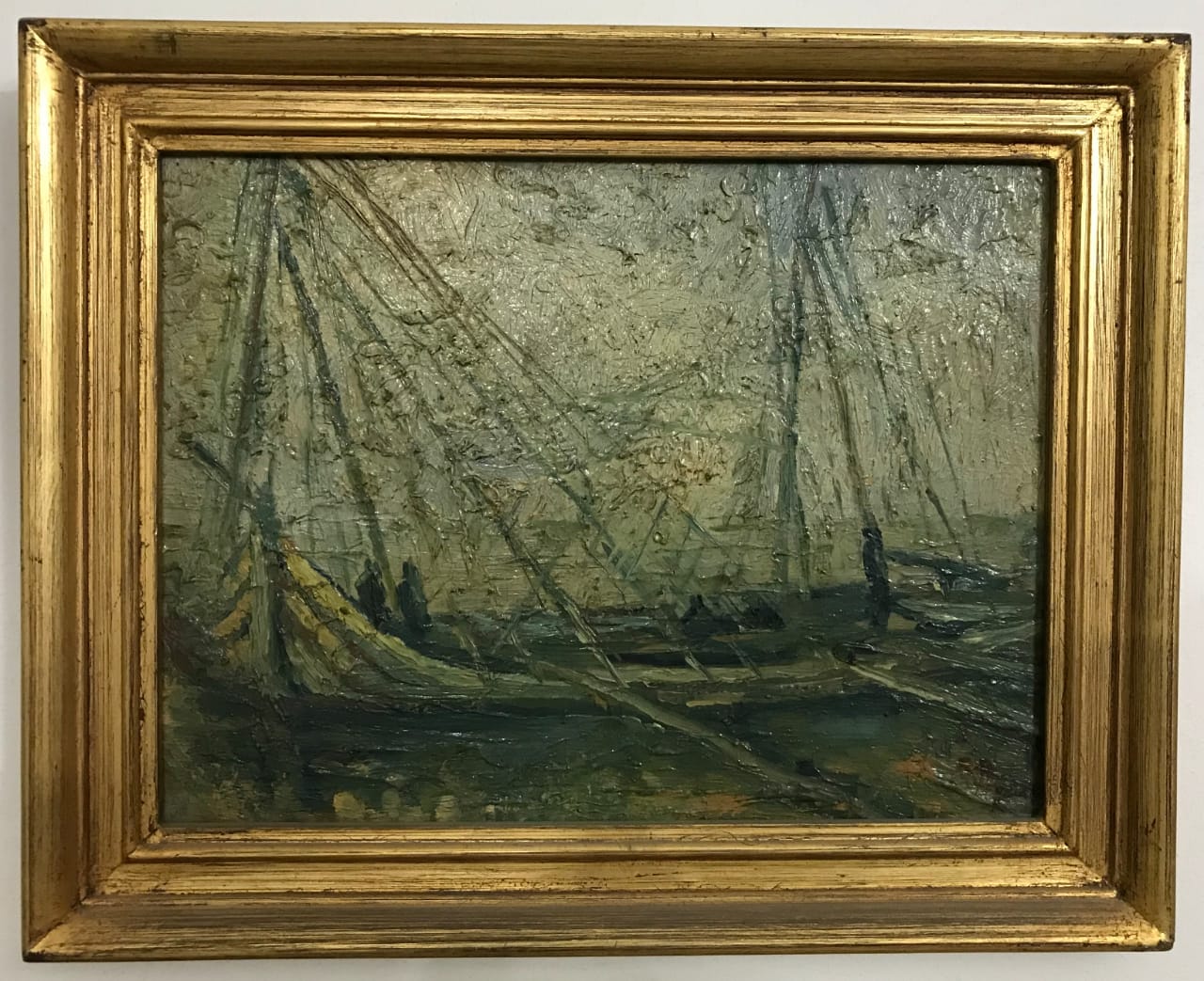 Ragheb Ayad, Les Bateaux, Oil on wood 70x65cm Signed and dated bottom left