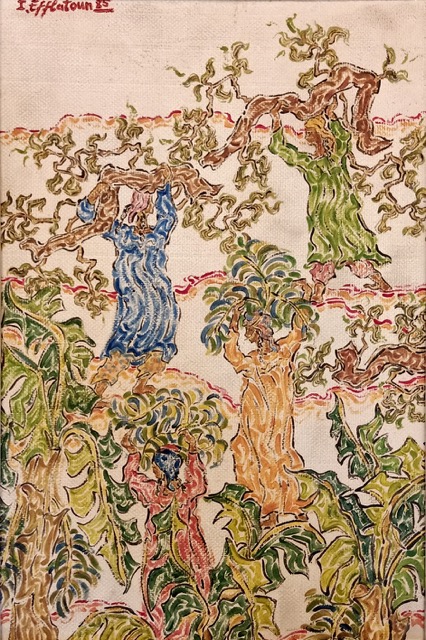 Inji Efflatoun, Gama’e al-Moz [Banana Harvest],1985 Oil on wood 50×30 cm Signed and dated top left