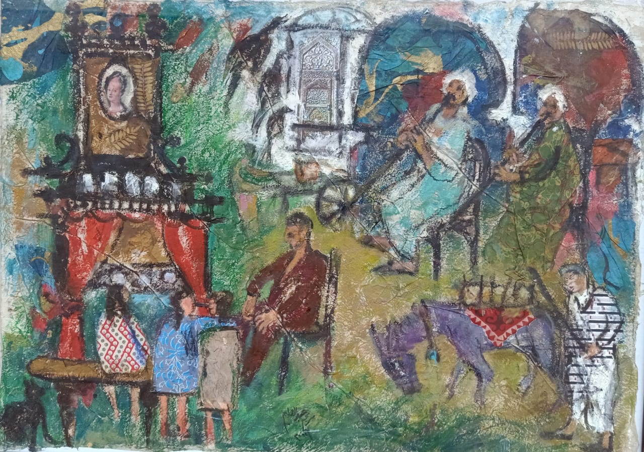 MARIAM ABDEL ALEEM (1930-2010) Acrylic pastel collage, 60 x 80 cm. Signed & dated 2009