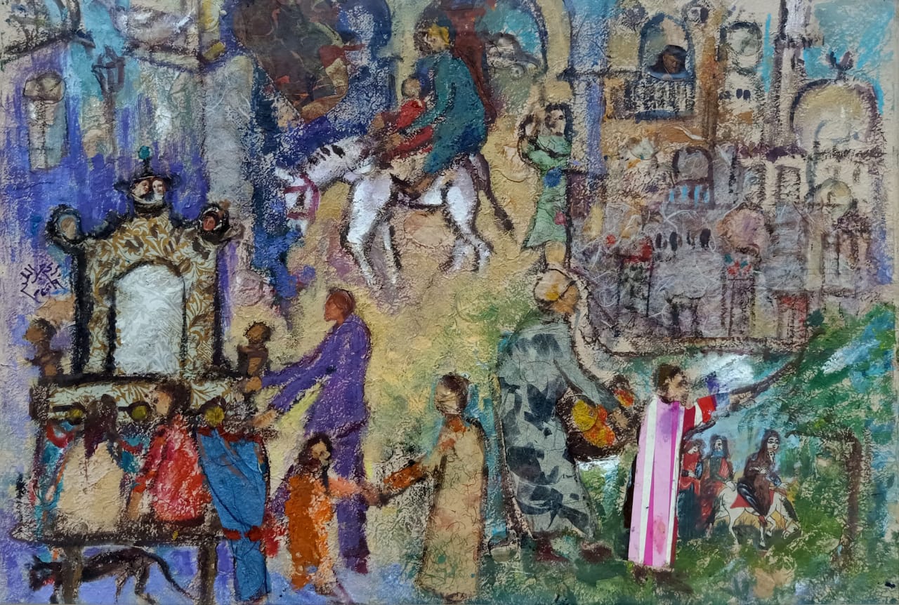 MARIAM ABDEL ALEEM (1930-2010) Acrylic pastel collage 60×80 cm. Signed & dated 2009 in Arabic