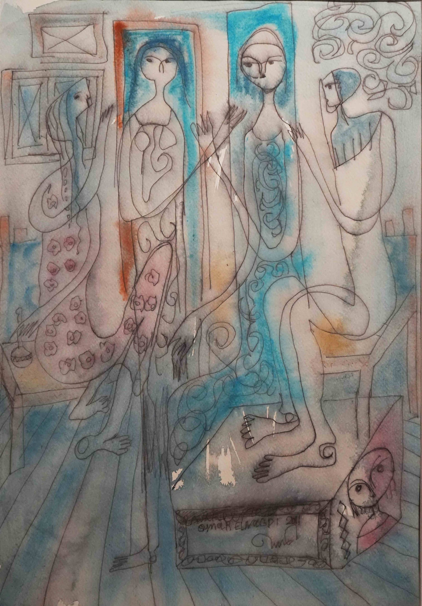 Omar El Nagdi Mixed media on paper 35 x 50 cm  Signed and dated 2011