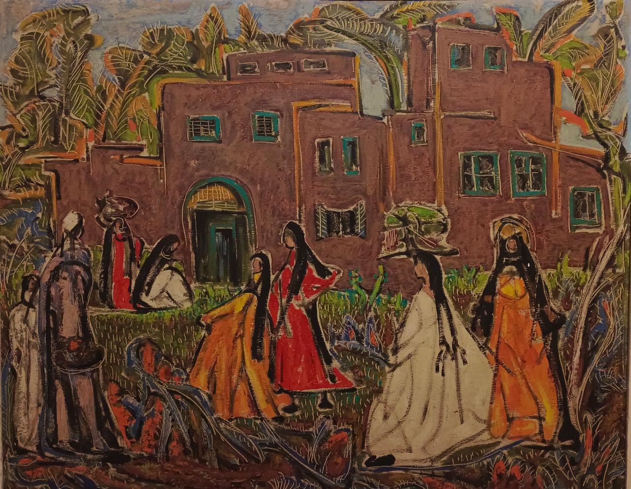 Salah Taher (1911-2007) Fellahat, Oil on wood 100 x 80 cm  MG-138-AH