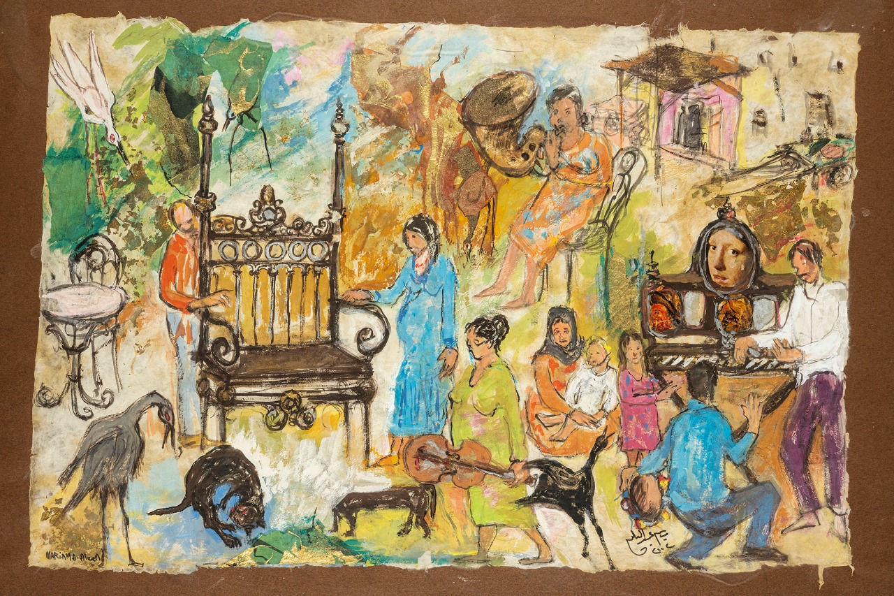 Mariam Abdel Aleem (1930-2010) The Road الطريق, 2002  50 x 75.5 cm Mixed media on papyrus Signed left and right down MG-234-RB