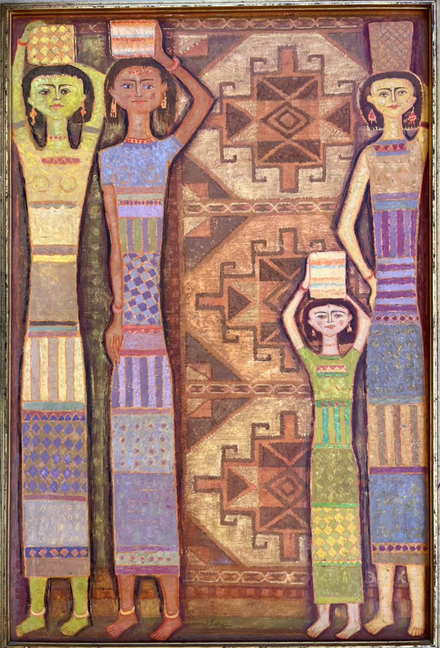 Sayed Abdel Rassoul (1917-1995) Girls and Folk Carpet, 1965  100 x 66 cm Oil on wood  MG-301-RB