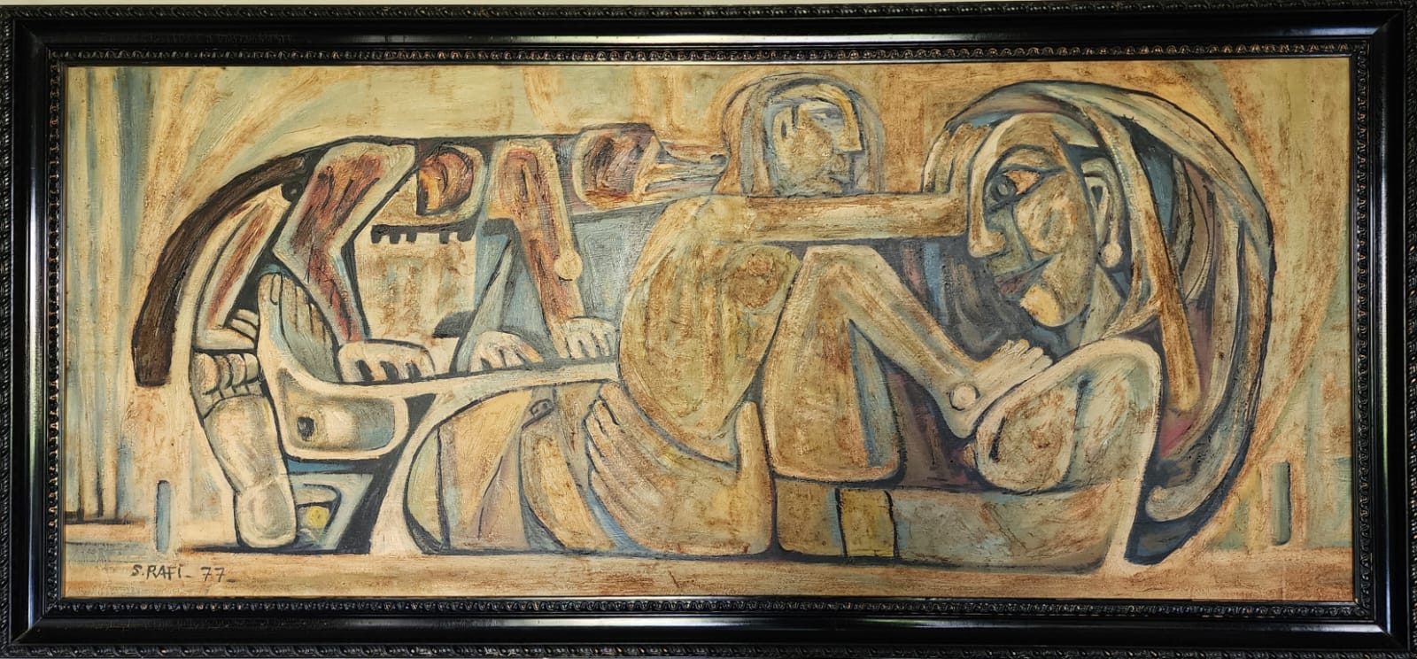 Samir Rafi (1926-2004), La belle et la bête (1977), Oil on wood, signed and dated, 170x60cm