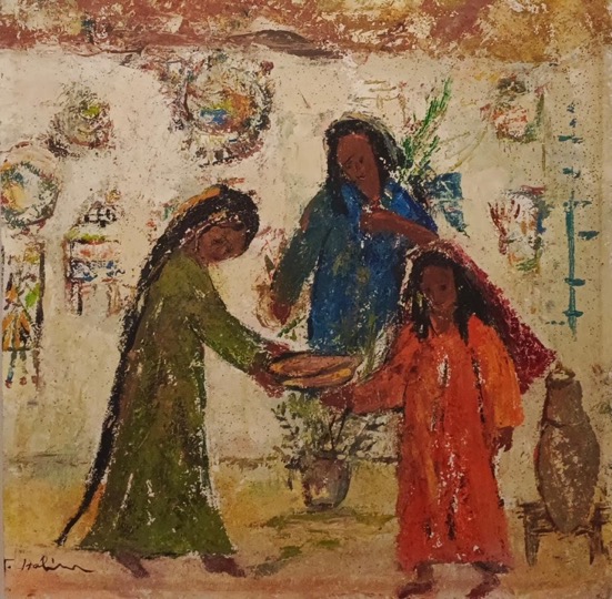 TAHIA HALIM  (1919-­‐2003)  Three Nubian Girls  50 x 50 cm   Oil on wood  Signed lower left