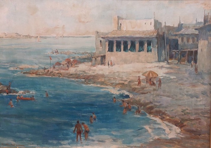 KAMEL MOSTAFA (1917-­1982) By the Sea, 67 x 47 cm Oil on wood Signed lower left